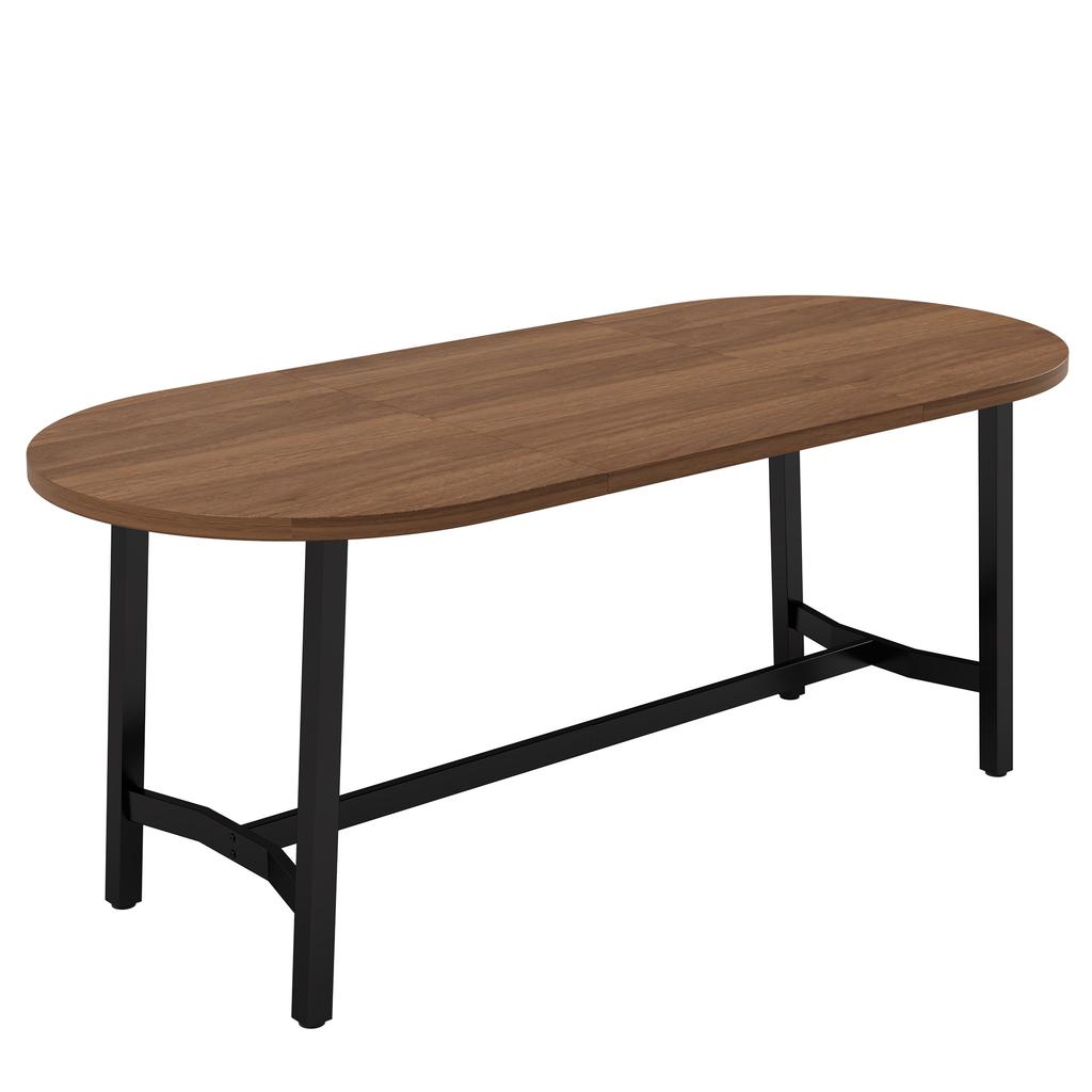 Dining Table 180*80*75cm, Suitable for 6–8 People, with Rounded Corners, in Simple Style, Table Legs Made of Iron, Walnut Wood Color