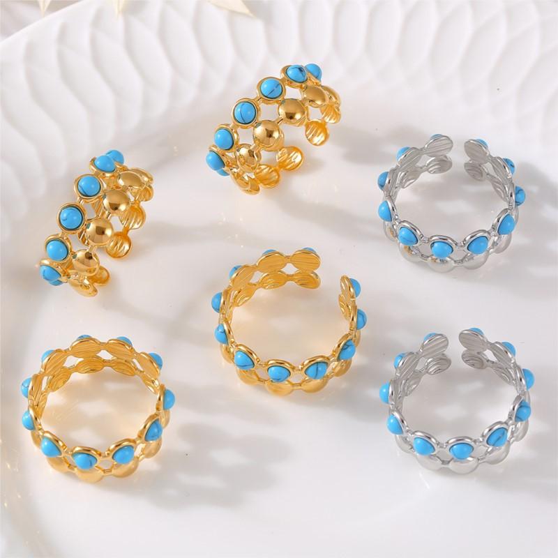 Inlaid Natural Blue Turquoise Beads Open Ring For Women Stainless Steel 18k Gold Plated Women's Finger Rings Vintage Female Ring