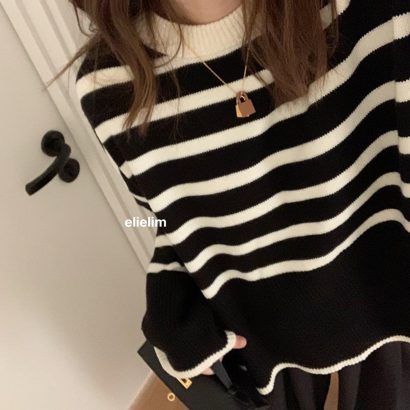 Korean Fashion Striped Knitted Pullover Sweater Women Autumn and Winter New Casual Simple Retro Loose Outside Wearing Long Sleeve Loose Crew Neck Tops