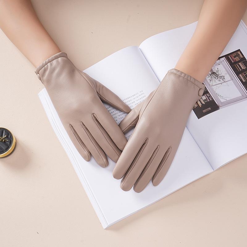 

Leather gloves, women s fleece and thicker, driving, riding, touch screen, hand repair, anti-wind and cold L світлого кольору хакі