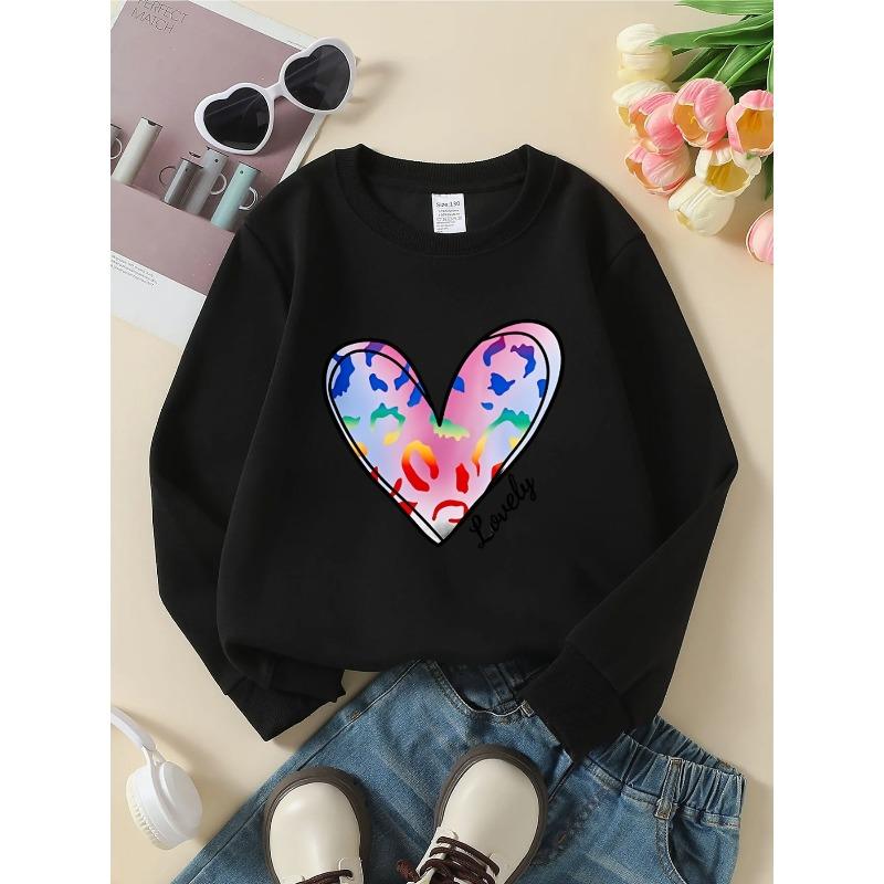 European sizes Crewneck Sweatshirt for Girls with Vibrant Heart and Rainbow Design, for Spring and Autumn, Sports and Casual, Soft Cozy.