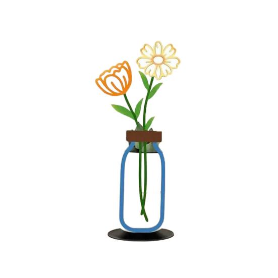 Metal Flower Art with Vase Minimalist 2D Iron Floral Table Ornament for Living Room Bedroom Kitchen Home Office Farmhouse Decor Housewarming Gifts