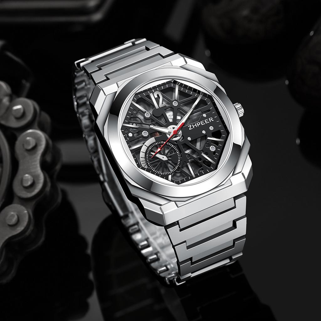 Men's Steel Strap Watch Business Hallow Quartz Wristwatch