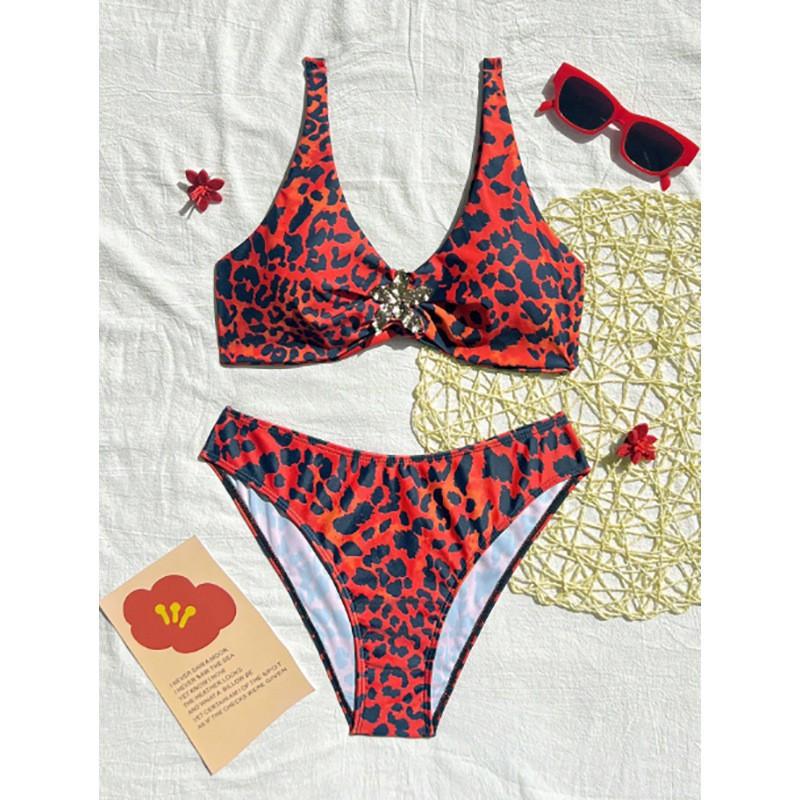 Leopard Print Floral Swimsuit Women's Bikini Sexy Lace Up