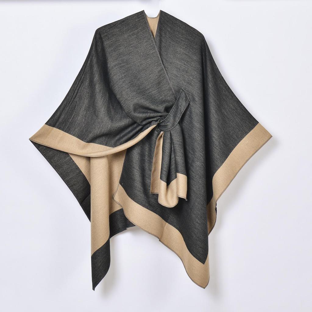 Versatile Plaid Women's Faux Cashmere Shawl: Ethnic Style Slit Cape for Autumn/Winter