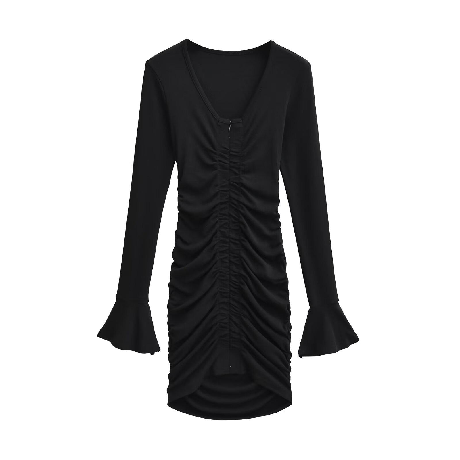 

Meilade Reversible V-Neck Slim Fit Dress - Long Sleeve, Pleated, Sexy Hip-Hugging Skirt Medium чорний