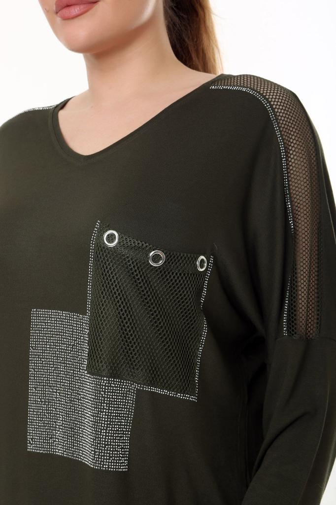 Damen-Bluse in großen Größen, V-Ausschnitt, Tasche und Ärmel, Mesh-Detail, Steinstickerei, lange Ärmel, bequeme und fließende, flexible Bluse