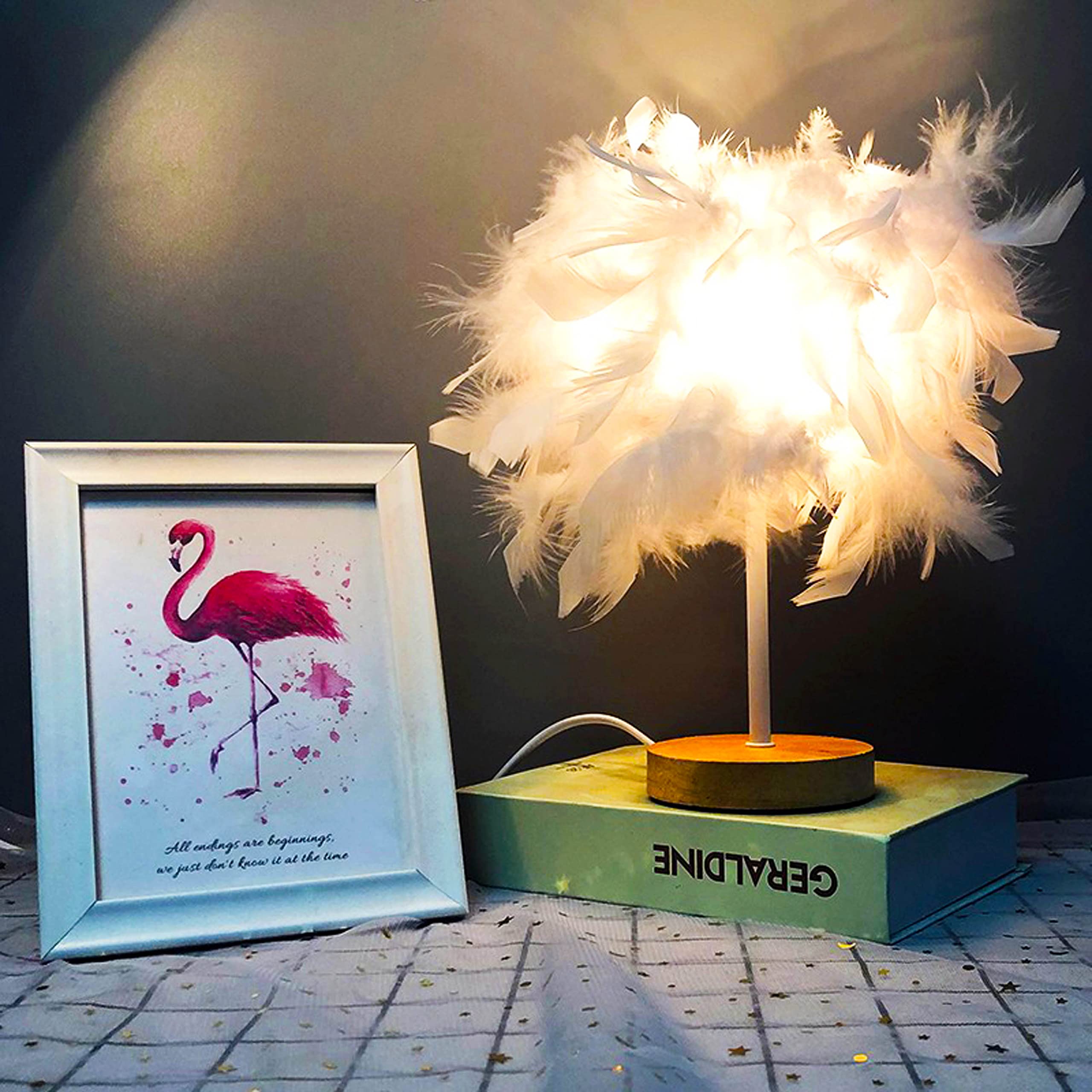 

TA-019 Feather Lampshade Table Lamp Bedside LED Light Bedroom Desk Night Light Home Decoration for Sleeping,Reading White