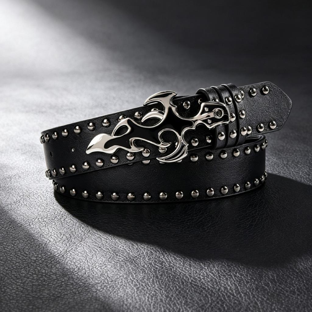 Punk Rivet Buckle Belt, Black Belt, Street Hip Hop with Decorative Belt