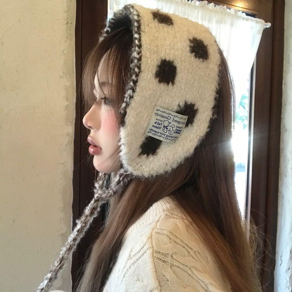 Fashion Polka Dot Wool Strappy Earmuffs Thicken Double Side Knitted Ear Warmer Windproof Keep Warm Bandage Earlap Girls