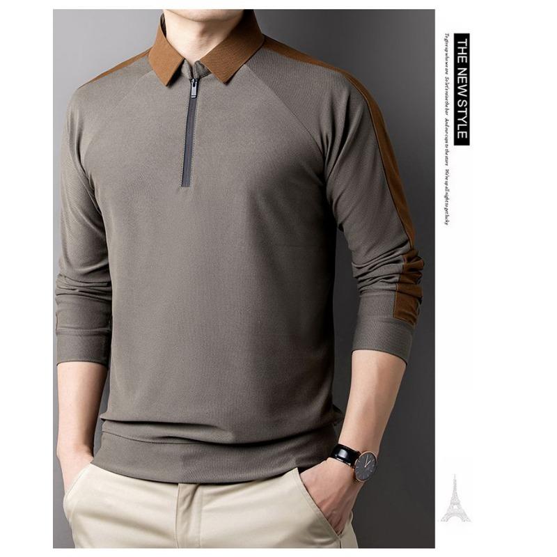 Spring and Autumn Men's Long-sleeved POLO Bottoming Middle-aged Dad High-end Lapel Zipper Collar Shirt
