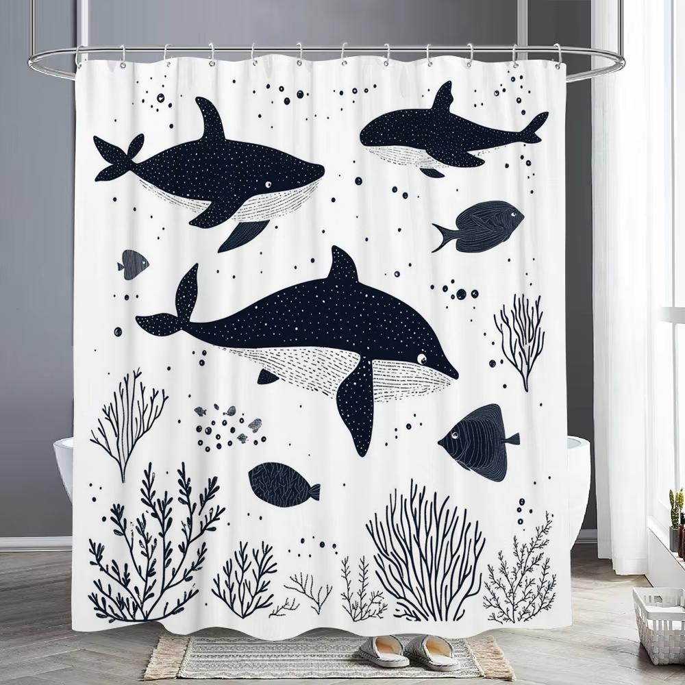 

Cartoon Simple Dolphin Fish Shower Curtain, Bathroom Decorative Shower Curtain, Print Polyester Fabric Shower Curtain With Hooks W60H190(CM)-1 Pcs