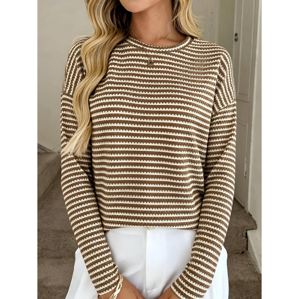 Fall Winter New Women s Crew Neck Pullover Two-Tone Knit Long Sleeve Top S темно-коричневого