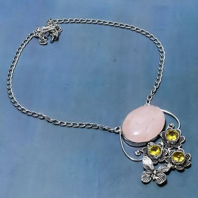 Prírodný Ruženín, Citrín Drahokam 925 Rýdzeho Striebra Náhrdelník 18" i1q93