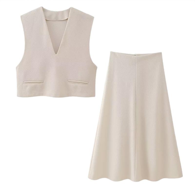 

Однотонный жилет, юбка, женский костюм, V-образный вырез, без рукавов, имитация кармана, топ, плиссированные юбки в стиле ампир, весна-лето 2025, элегантный женский комплект L абрикосовый