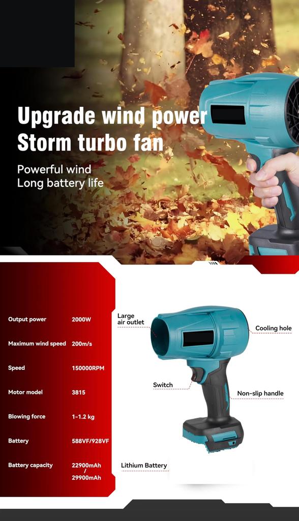 Zmart Bürstenloser 2000W Elektrischer Turbo-Gebläse Jet-Ventilator Gewaltiger Autotrockner Handstaubbläserwerkzeug für Makita 18V 200M/S