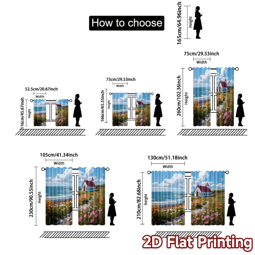Set Of 2 Modern Flat Printing Curtains Without Rod Seaside Chapel Print Durable Polyester Curtain Thermal Made
