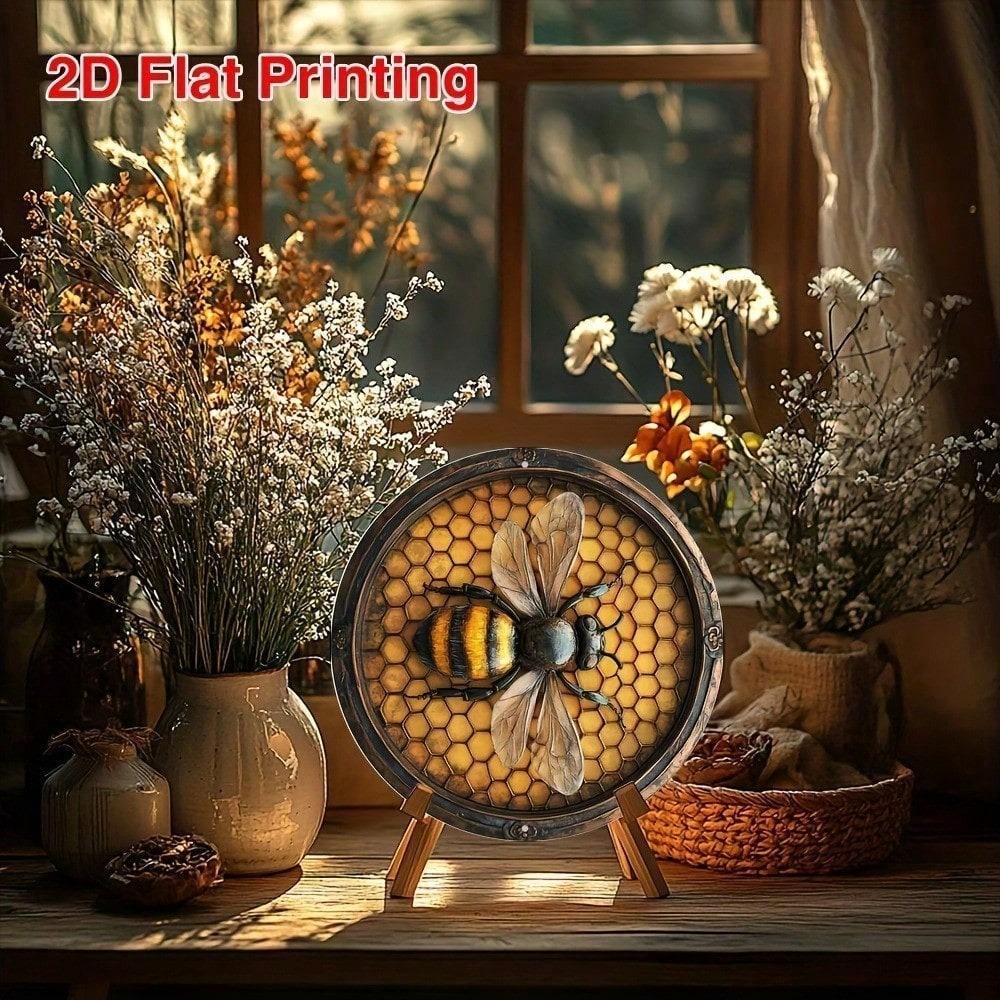 Vintage Bee Metal Wall Art Sign 8x8 Inch Rustic Aluminum Round Bee Decor Farmhouse Kitchen Hanging Plaque
