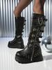 Women'S Gothic Buckle Skull Knee High Boots Platform Y2K Punk Wedges High Heels Thick Sole Chain Rivet Decor Halloween Shoes
