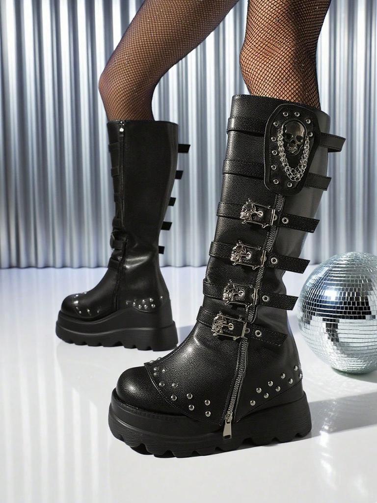 Women'S Gothic Buckle Skull Knee High Boots Platform Y2K Punk Wedges High Heels Thick Sole Chain Rivet Decor Halloween Shoes