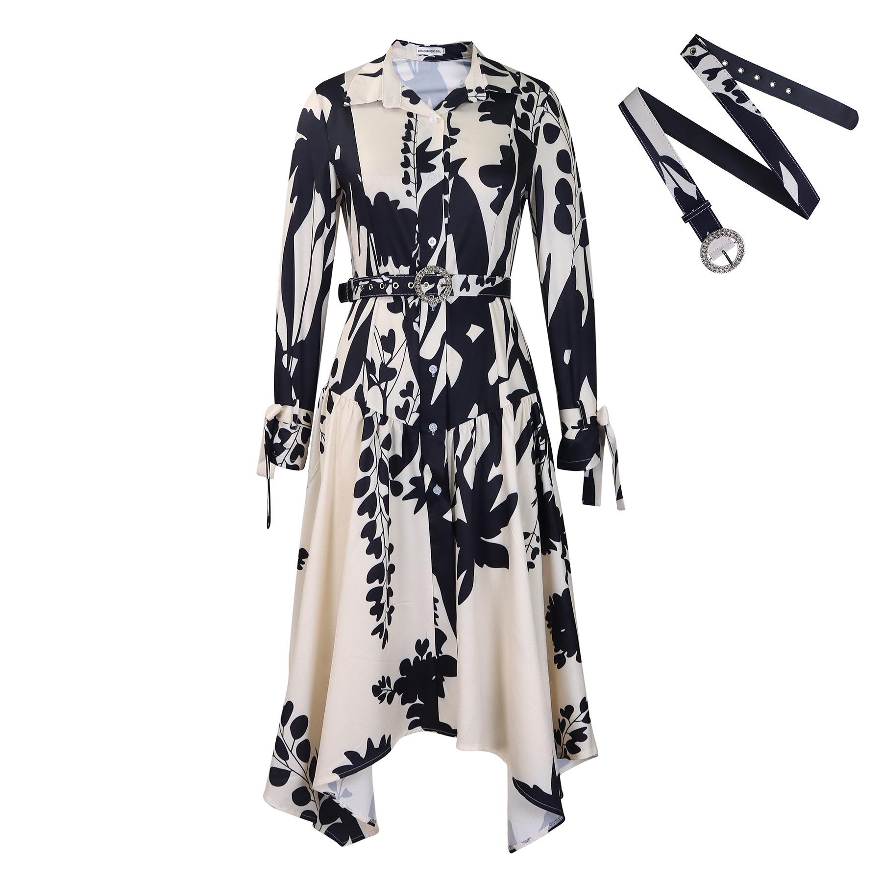 

Women s Summer Fashion Print Dress with Turn-Down Collar and Long Sleeves XL