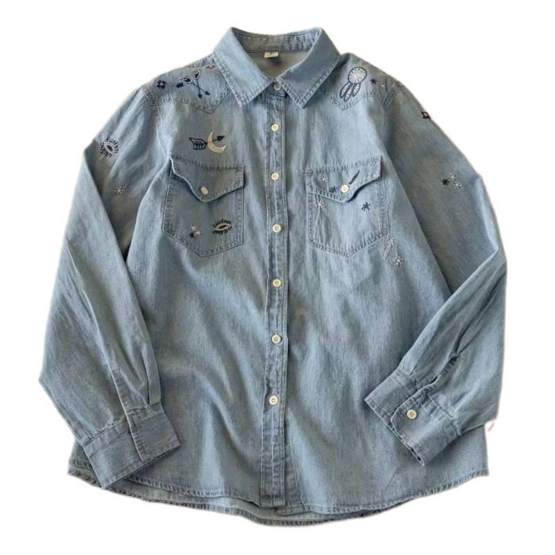 Spring 2026 Women's Retro Distressed Denim Shirt with Heavy Embroidery and Lapel