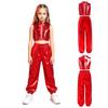 Mädchen Jazz Dance Crop Top Stehkragen Ärmellos Verdeckter Reißverschluss Hinten Pailletten Metallisches Patchwork Rüschen mit Glänzender Hose für Bühnenauftritt