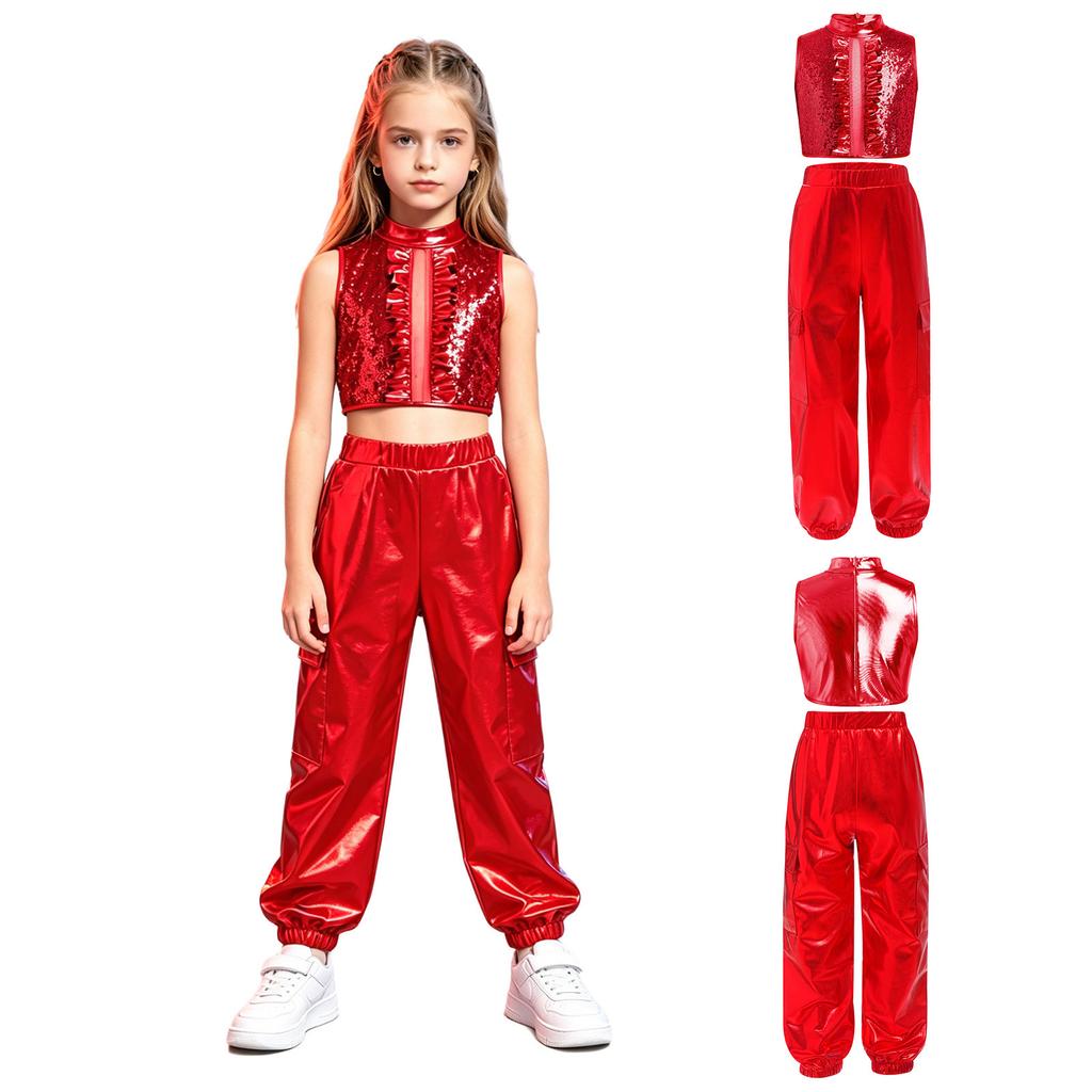 Mädchen Jazz Dance Crop Top Stehkragen Ärmellos Verdeckter Reißverschluss Hinten Pailletten Metallisches Patchwork Rüschen mit Glänzender Hose für Bühnenauftritt
