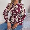 Women Long Sleeve V-Neck Blouse Feather Print Top Spring Autumn Fashion Temperament Shirt