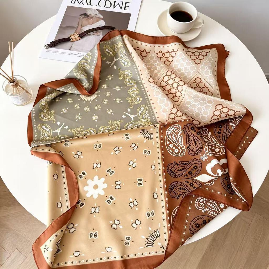 Elegant Women's Silk Scarf: Small, Imitation Silk, Spring & Autumn Neck Warmer, Japanese Style, Square Design.