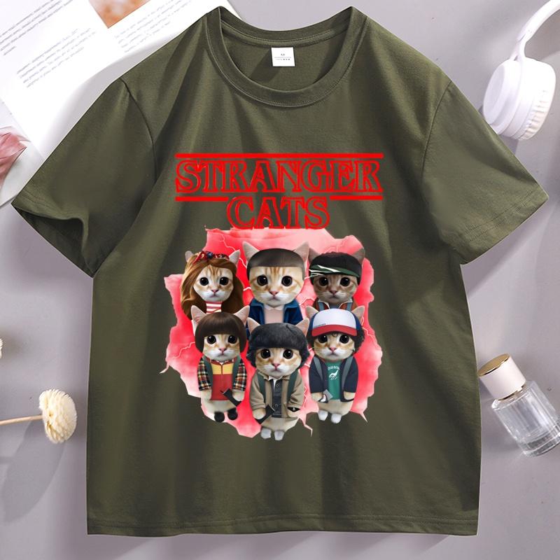 Stranger Cats T Shirt Unisex Unisex Funny Cat Lover Tee Cat Mom Gift Clothes Parody Graphic Tee Summer Round Neck Short Sleeve Tops