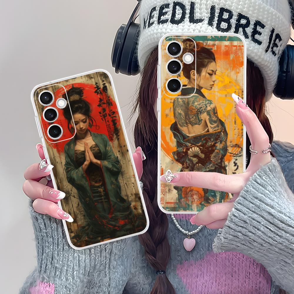 Retro Tattoo Girl Mobile Phone Case for Samsung Galaxy S25 S24 S23 S22 S21Plus FE Ultra Clear Colorful Cover Pretty Smartphone