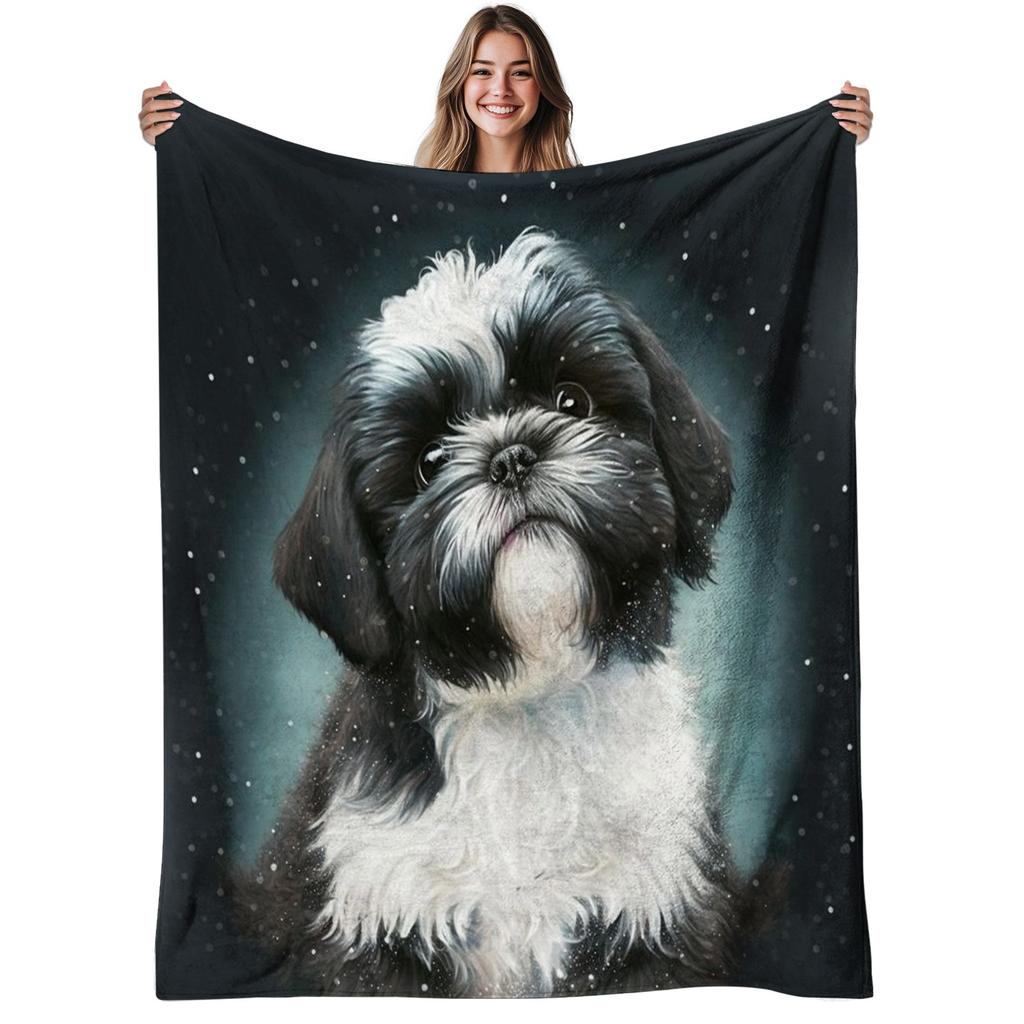 Realistic Shih Tzu Dog Flannel Blanket Snowy Background Puppy Lightweight Throw Blanket Warm Blanket for Indoor & Camping Use