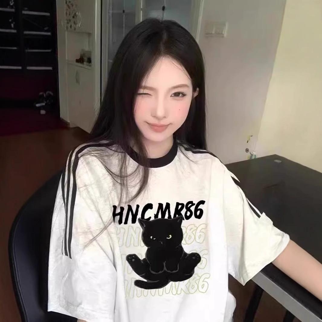 Women s Round Neck Striped Short Sleeve Cat Print Cotton T-Shirt Loose Fit Casual Oversized Tee M