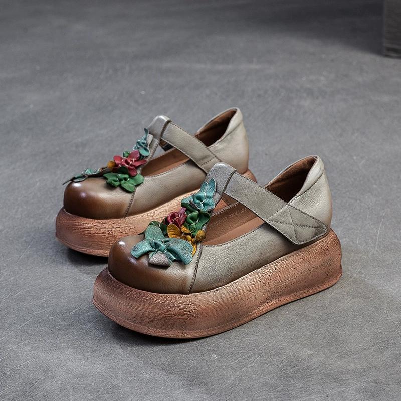 Fashion GKTINOO Retro Round Toe Thick Soled Shoes For Spring And Summer 2025 New Genuine Leather Flower Women's Flat Platform Shoes