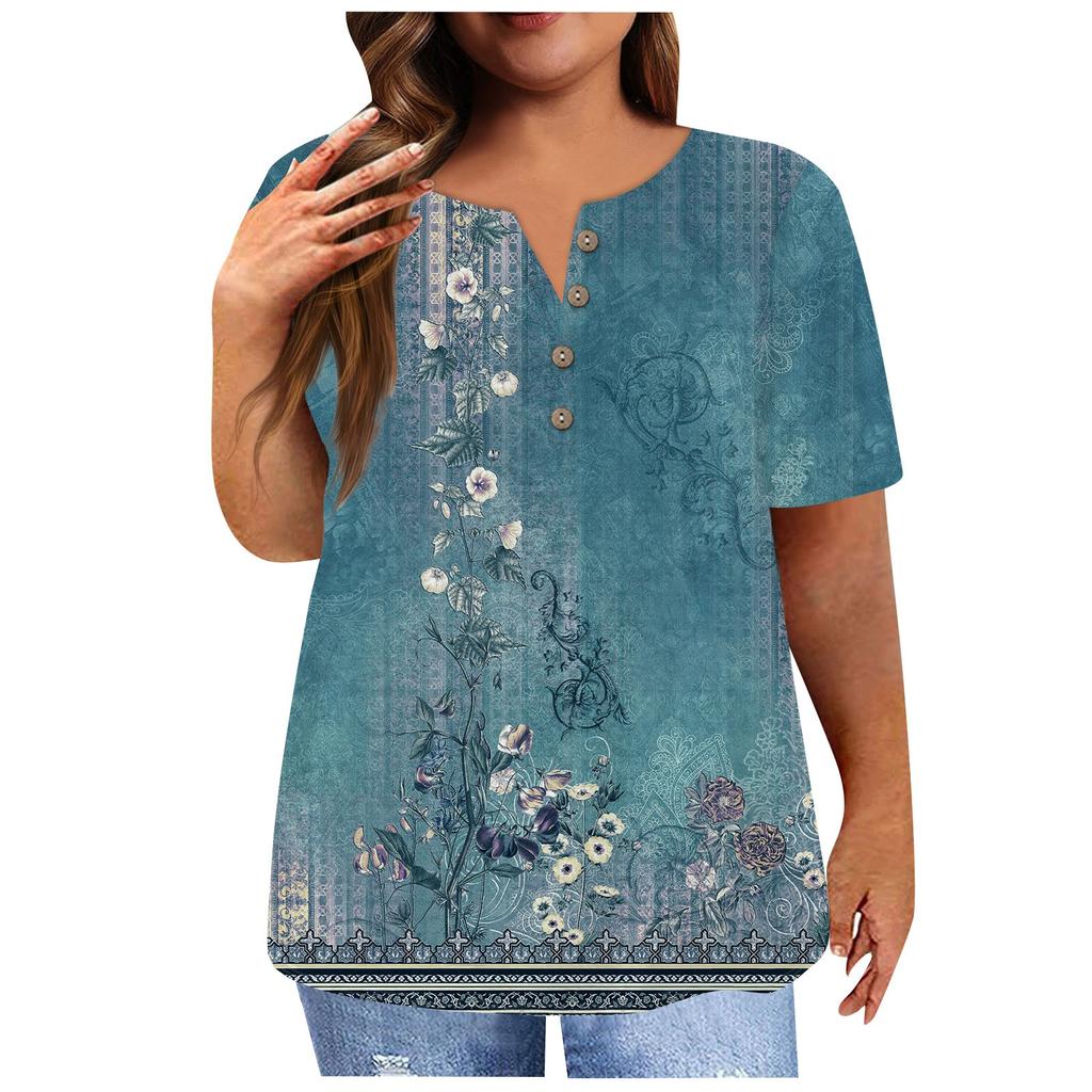 Women's Short Sleeve Shirt Button Plus Size T-Shirt Flower Printed Casual Tops