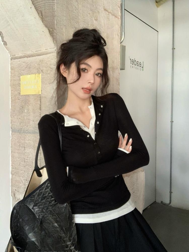 Korean Chic Design Fake Two Pieces Long Sleeves Shirt Women Autumn 2024 New Elegant All Match Slim Fit Slimming Base Tops Winter