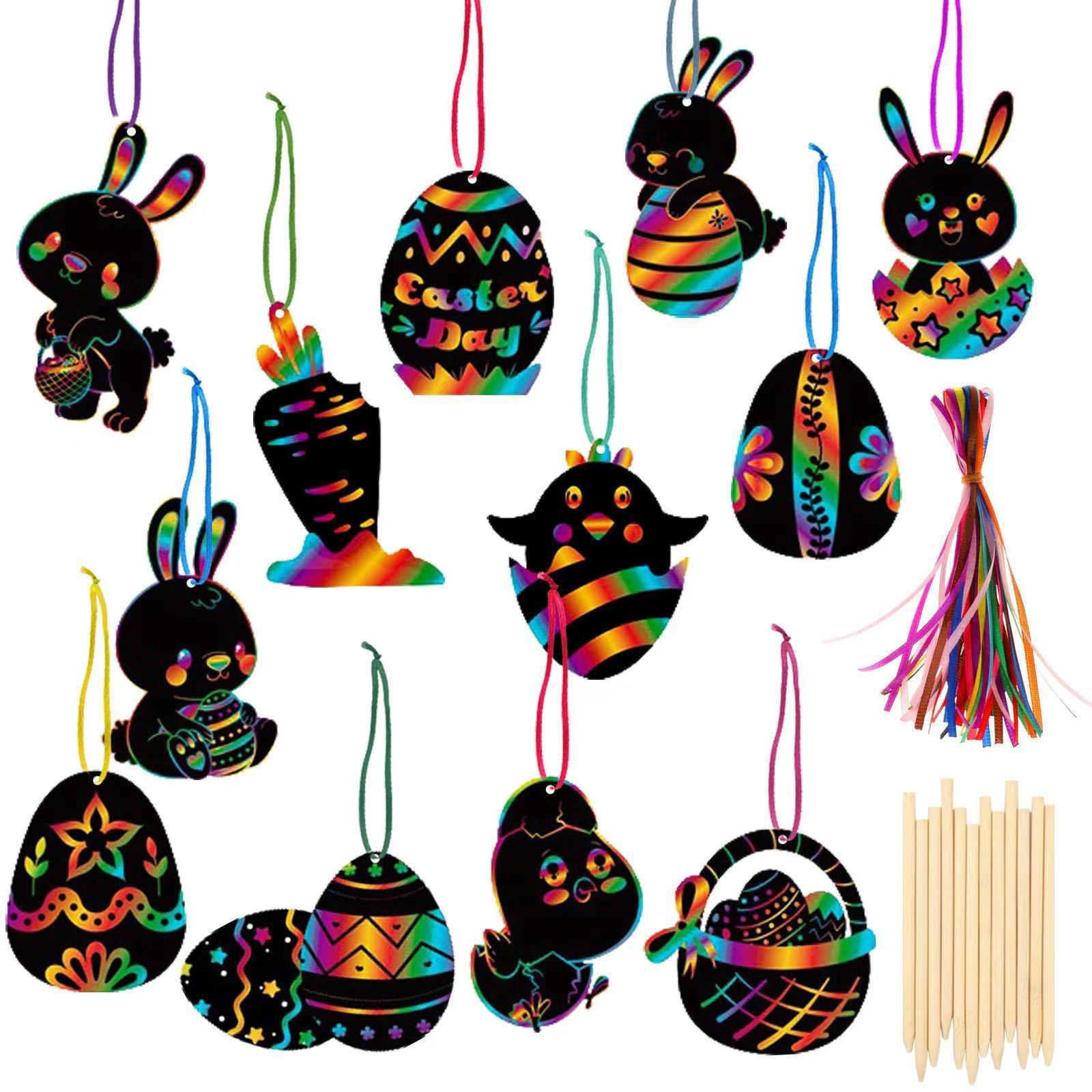 

Irregular Shape Scratch Art Set: Colorful Scratch Paper for Christmas and Easter Doodle Painting. 12 bookmarks + 12 ribbons + 4 bamboo pens