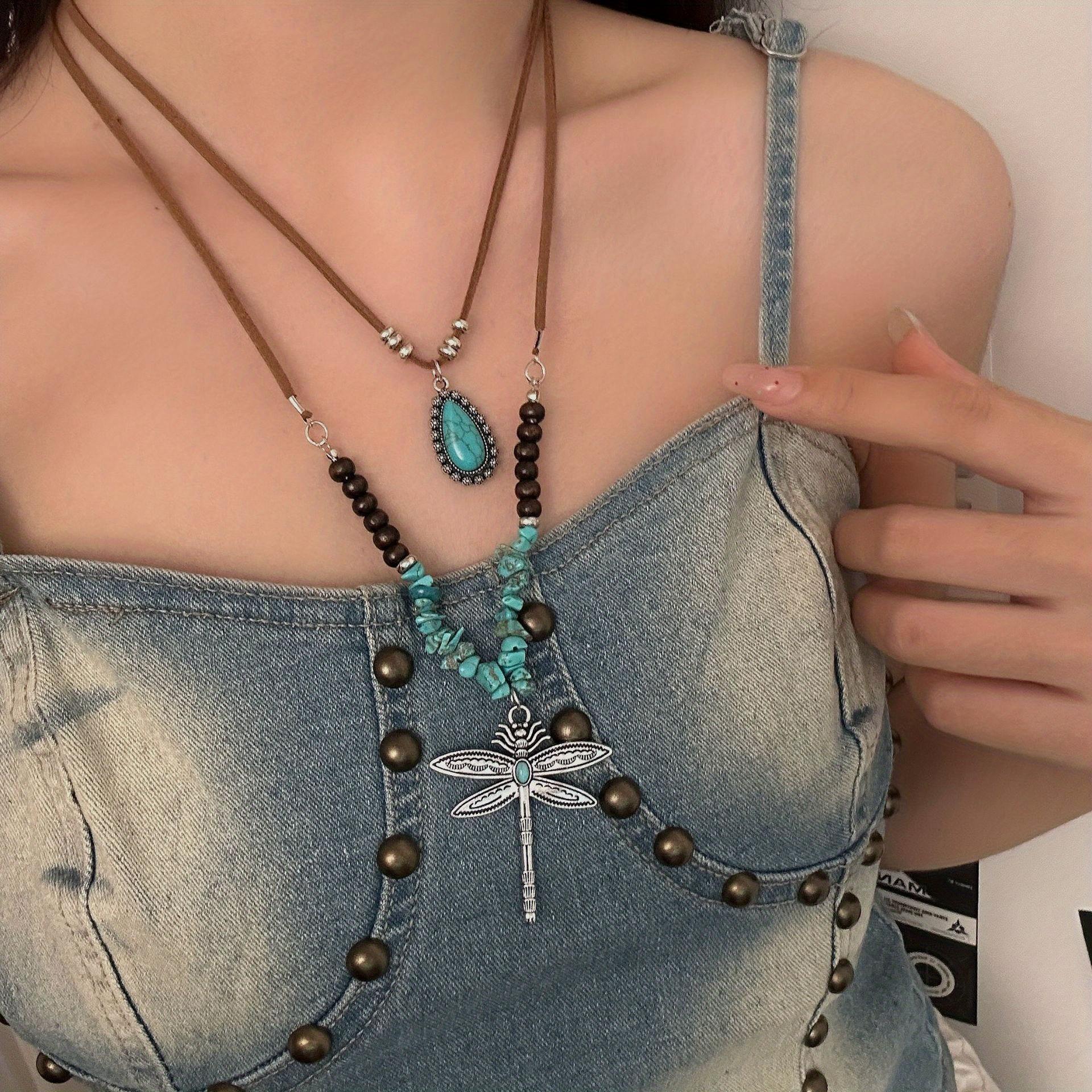 

2pcs Boho Pendant Necklace for Women, Irregular Stone Wood Bead Chain with Dragonfly - PU Leather for Party Casual Gift белый