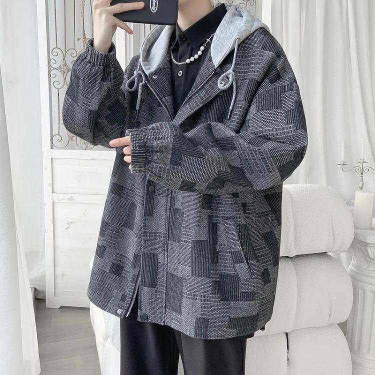 Trendy Hong Kong Style Men Casual Jacket Loose Plaid Hooded Top Spring New Style M