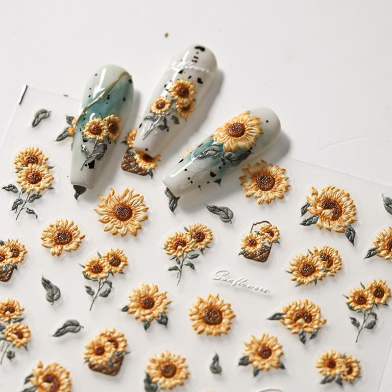 1 Pc 5D Sunflower Nail Stickers Rose Daisy Cherry Blossom Self-adhesive Nail Art Stickers Oil Painting Decorative Sticker