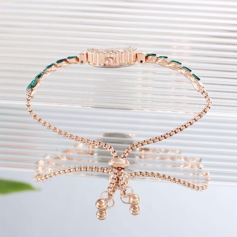 Fashion green leaf thin belt with diamond malachite green round women's watch pull adjustment chain list women's quartz watch