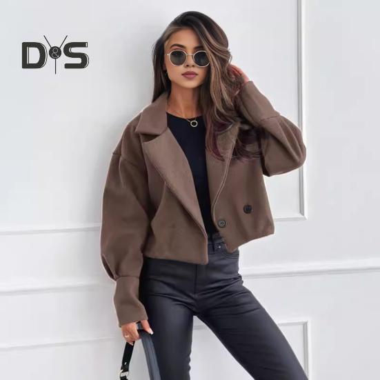 Casaco feminino outono inverno curto tipo gola virada para baixo cor sólida solto fecho de botão cardigan OL jaqueta de deslocamento feminino uso diário