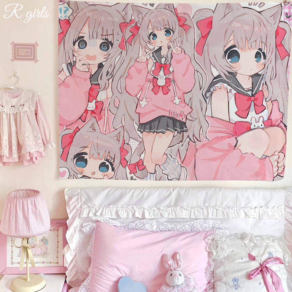 

New Japanese Cute Cartoon Girl Tapestry Sweet Aesthetic Wall Hanging for Bedroom Room Decor 74x94cm(29x37in)