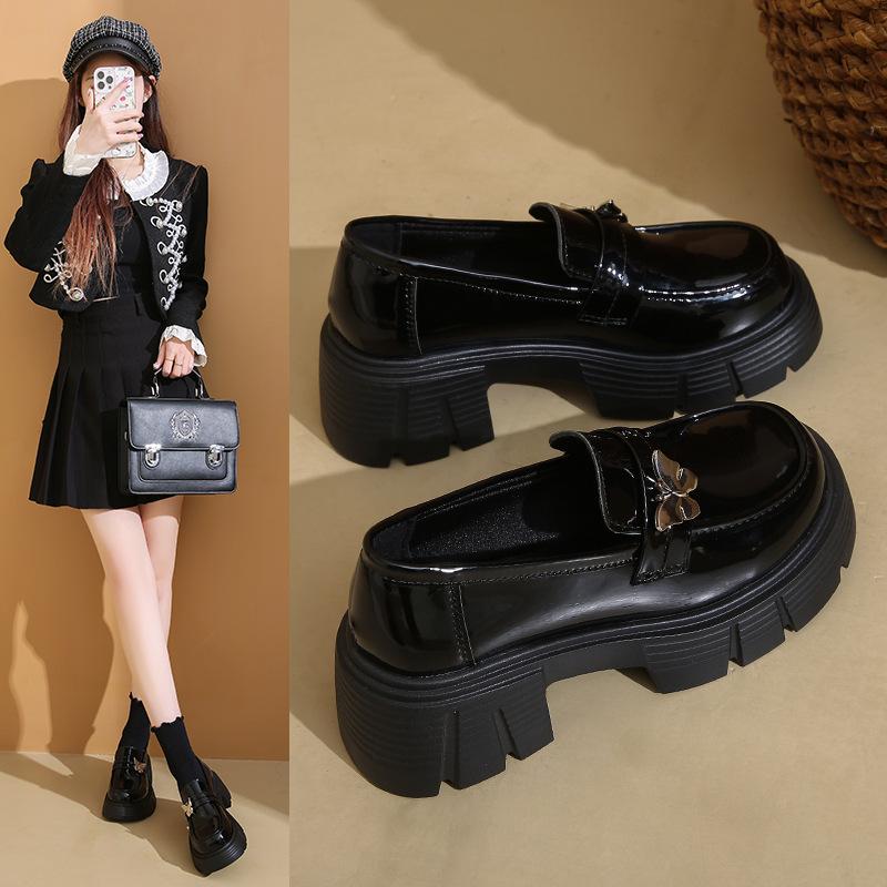 French platform British style small leather shoes for women 2025 autumn new black one-pedal butterfly single shoes loafers for women