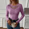 Women V Neck Lace Trim Ribbed Knit Long Sleeve Top Slim Fit Casual Pullover Sweater Lightweight Stretchy Fabric