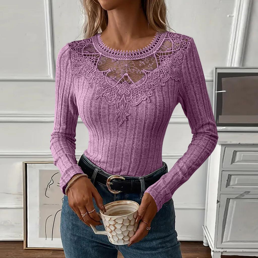 Women V Neck Lace Trim Ribbed Knit Long Sleeve Top Slim Fit Casual Pullover Sweater Lightweight Stretchy Fabric