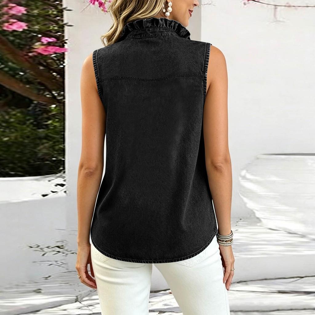 Women’s Sleeveless Denim Top with Lace Trim Ruffle Collar Button Front Casual Loose Fit Vest Blouse for Everyday Wear