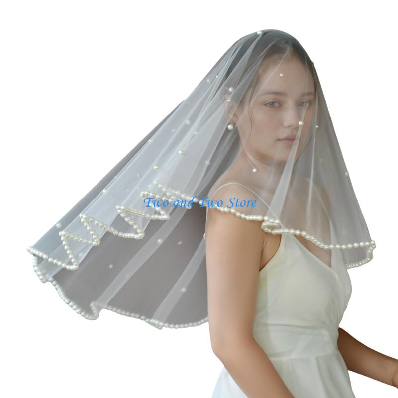 HX6F Luxurious Pearls Decors Bridal Veils Headpiece Soft Sheer Seethrough Tulle Veils For Wedding Event Photography Accessories