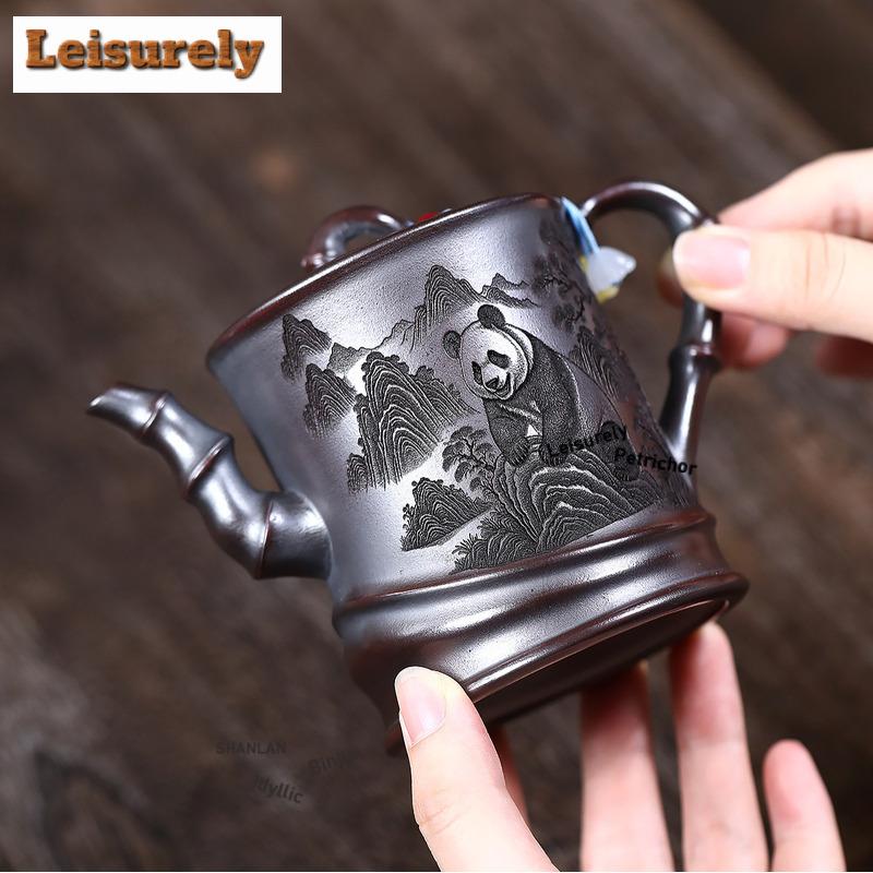260ml Yixing Purple Clay Teapots Handmade Panda Pot Raw Ore Antique Black Mud Tea Making Kettle with Strainer Zisha Tea Set Cha